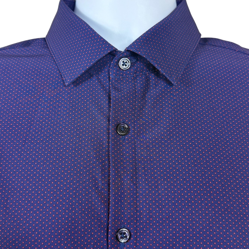 Mizzen+Main Trim Fit Performance Dress Shirt Navy Red Micro Dot Mens Medium L/S